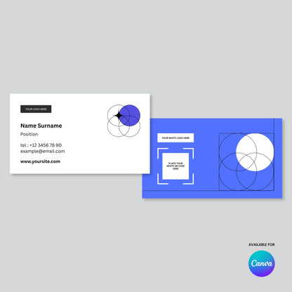 Showcasing the Minimal Business Card Template | Editable in Canva, Forma 20 Style: one white card with black text and geometric circles, and one blue card with white and black circles, both displayed on a light gray background with the Canva logo.