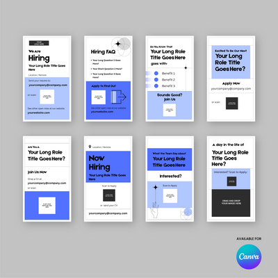 The Blue Hiring Social Media Story Templates for Canva – Forma 20 Collection by More By Us | The Brand Store offers 8 minimalist templates in blue, black, and white for job posts—ideal for recruitment campaigns. Canva logo included.