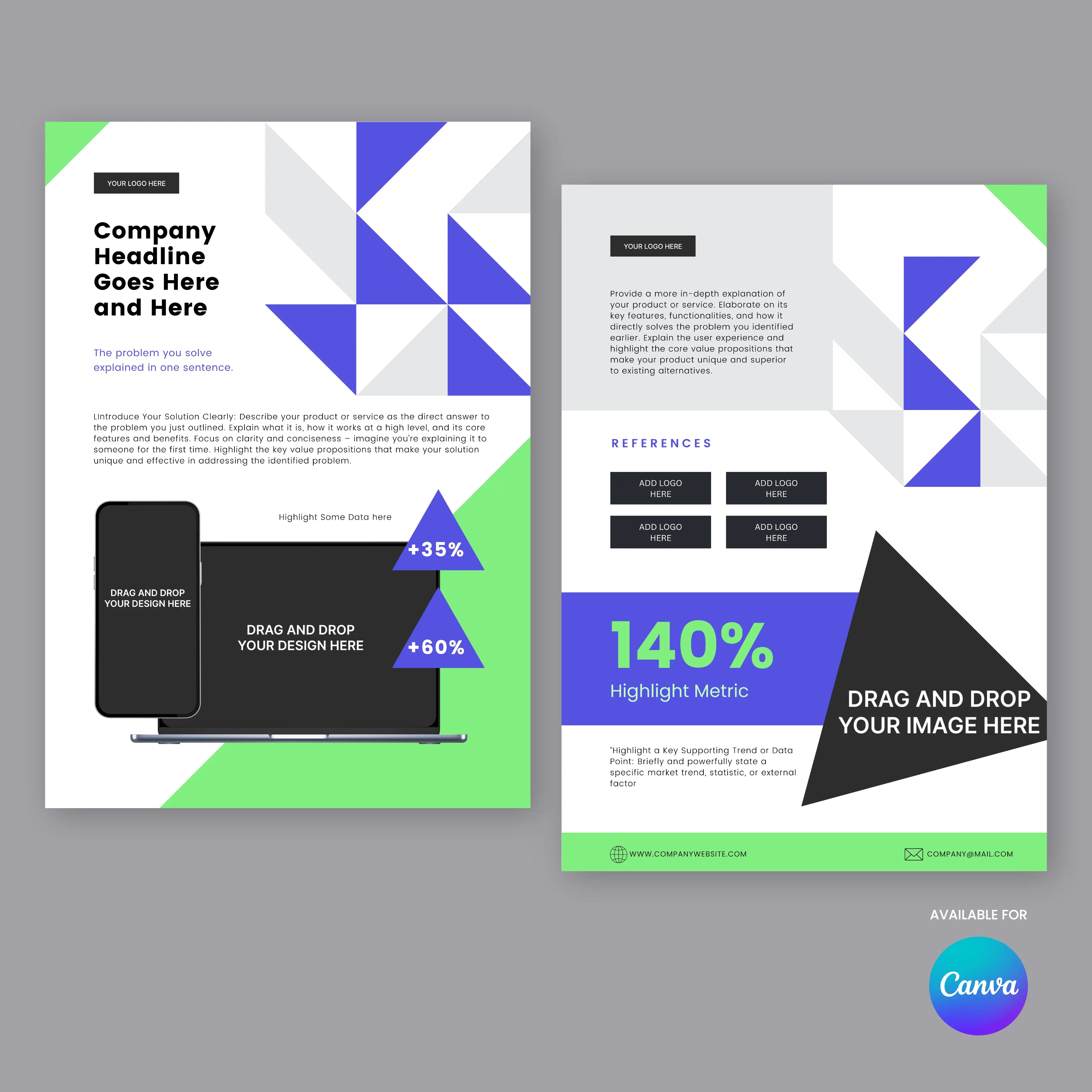 The Forma 40 Collections One-Pager Template for Canva offers two editable business flyer designs for startups, SaaS, and profiles—featuring modern geometric layouts, headline/image/metric placeholders, and green, blue, purple, black & white colors plus a Canva logo.