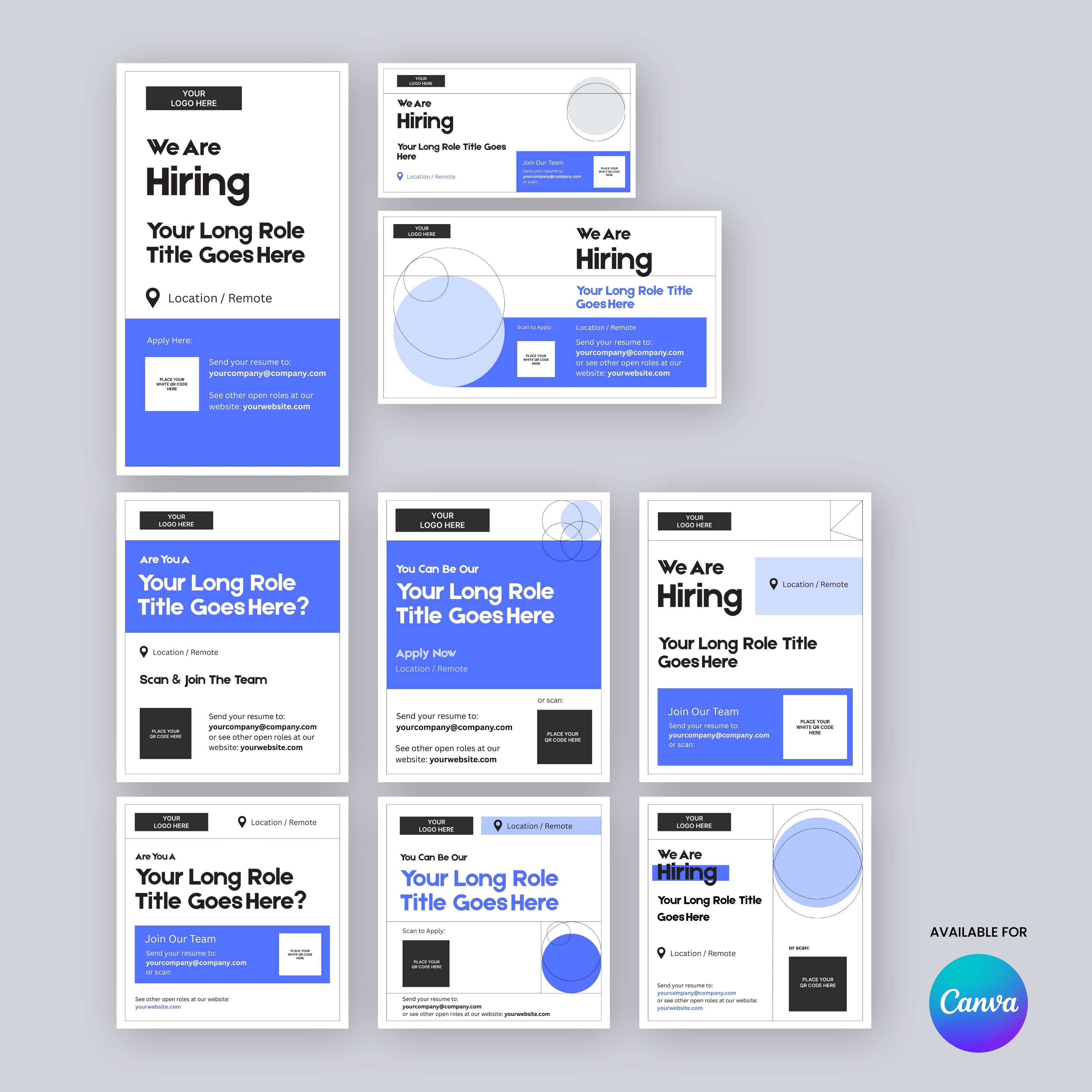 The Forma 20 Collection Blue Edition offers nine blue Social Media Hiring Ad Templates for Canva, featuring geometric designs. Each template includes space for job titles, location, application info, and a Canva logo at the bottom right.
