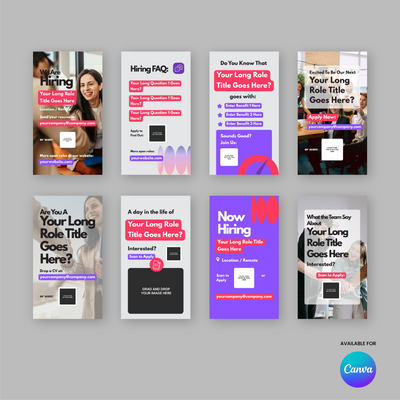 Eight vibrant Hiring Social Media Story Templates from the Forma 10 Collection are shown in two rows on a grey backdrop, each with headings, text areas, bold graphics, and an "Available for Canva" logo—ideal for recruitment campaigns.