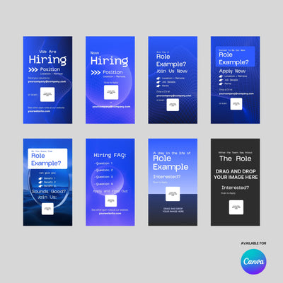 Eight vertical Social Media Hiring Story Templates from the Forma 30 Collection by More By Us | The Brand Store, shown in two rows on a gray background. Canva-compatible designs with blue, black, or white backgrounds and sections for job details.