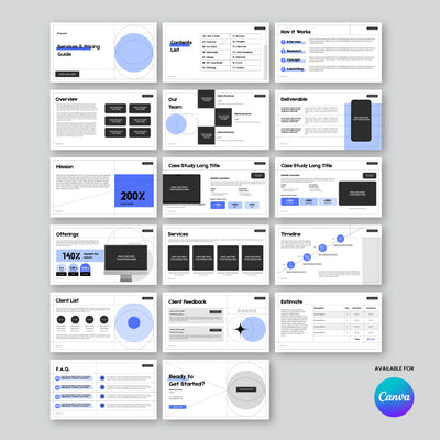 The Proposal Deck Template for Canva from the Forma 20 Collection by More By Us is a 17-slide, editable B2B presentation with a modern black, white, and blue design. Covers overview, team, services, pricing more; includes Canva logo bottom right.