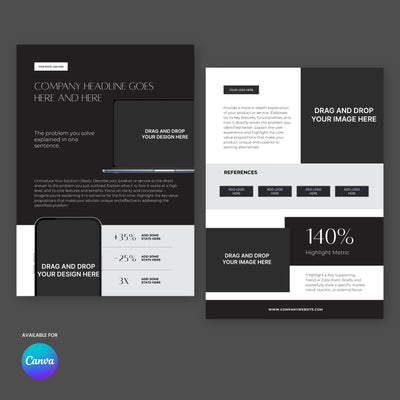 The One-Pager Template for Canva from the Forma 60 Collection features black, white, and gray blocks, editable sections, image slots labeled "Drag and Drop Your Image Here," reference points, data highlights, and a Canva logo on a dark gray background.
