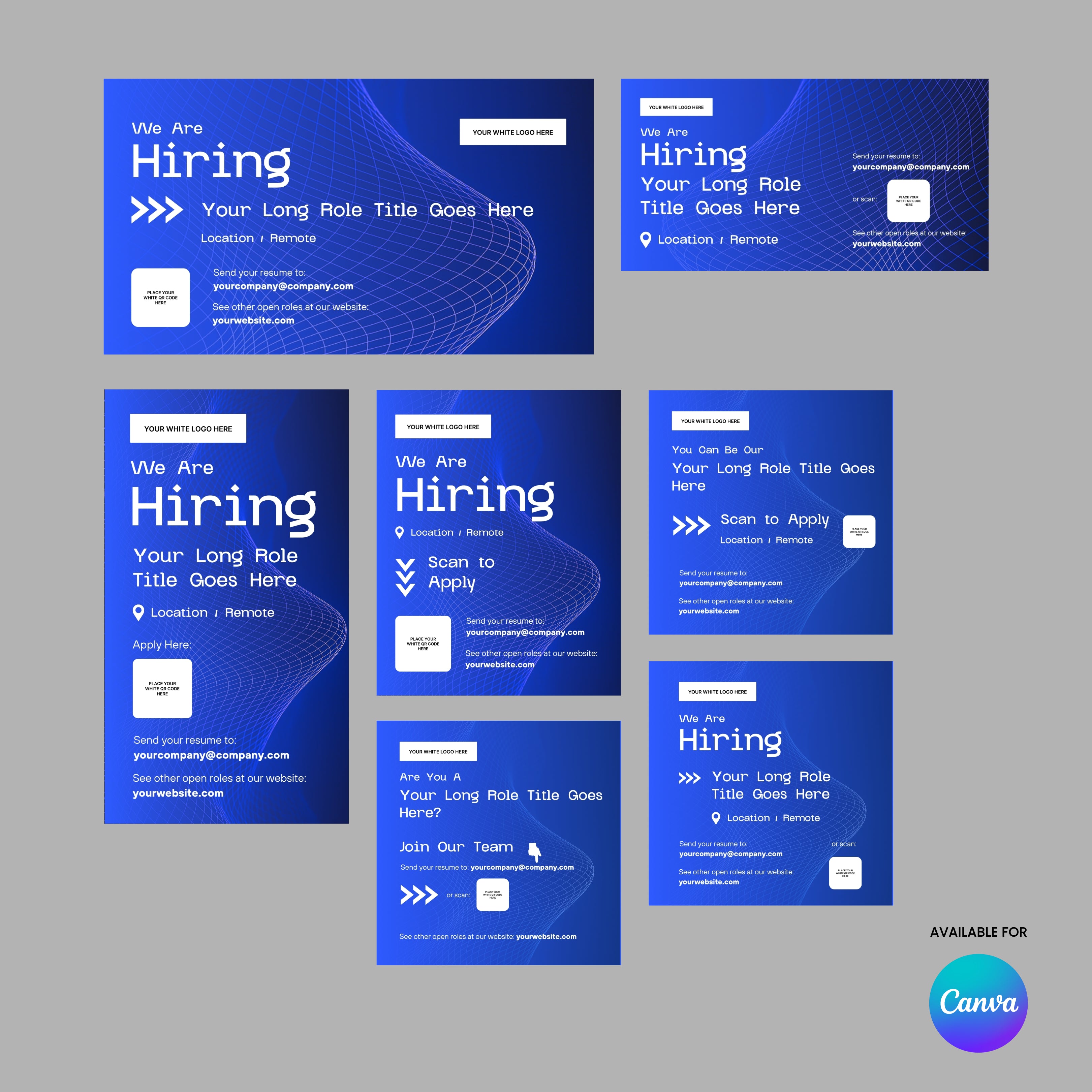 The Social Media Hiring Ad Templates for Canva – Forma 30 Collection includes 7 editable blue and white templates with wavy lines, customizable job info, QR codes, website, and a Canva logo in the bottom right corner.