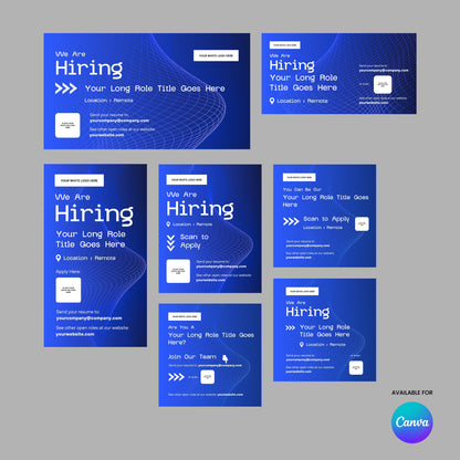 The Social Media Hiring Ad Templates for Canva – Forma 30 Collection includes 7 editable blue and white templates with wavy lines, customizable job info, QR codes, website, and a Canva logo in the bottom right corner.