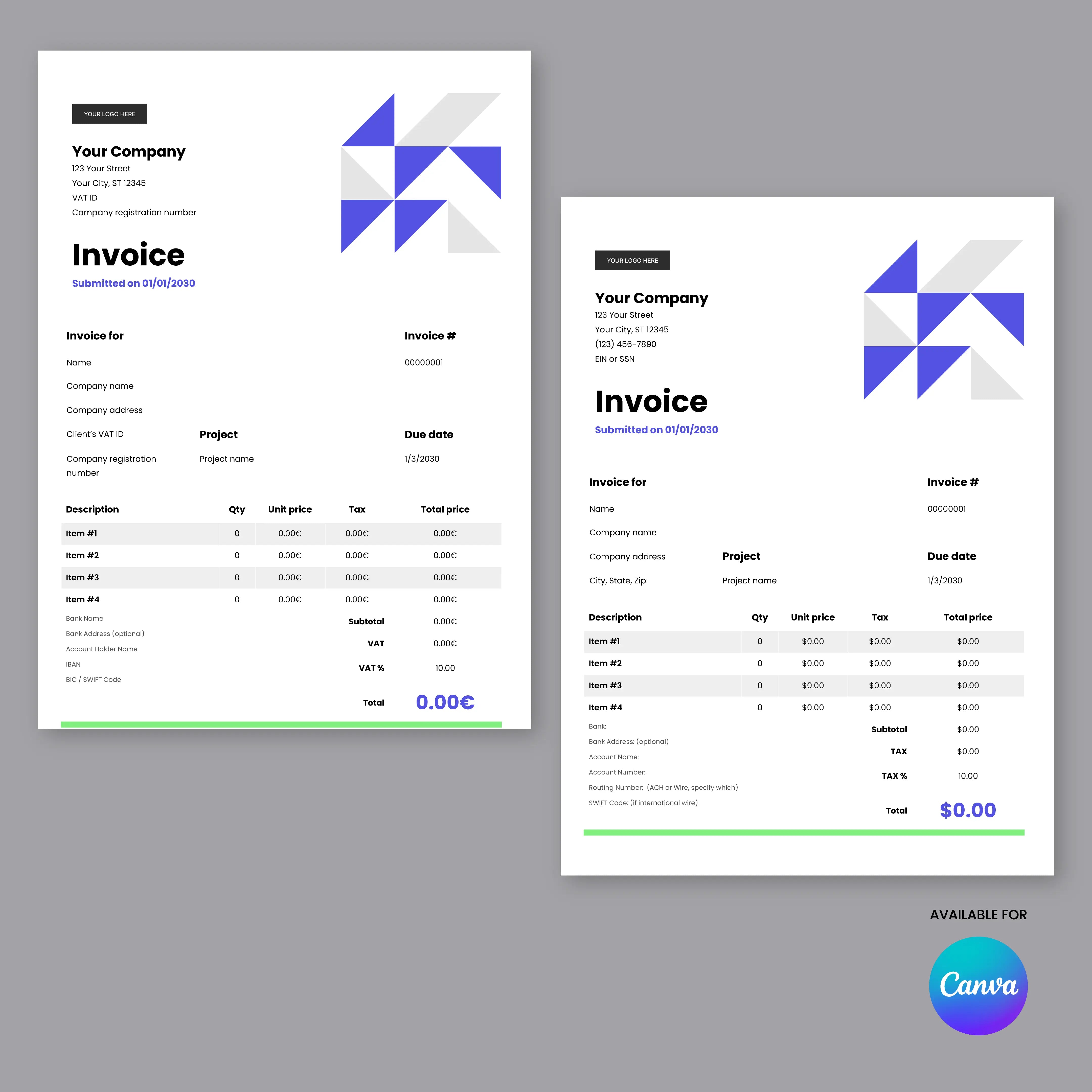 The Invoice Template - Forma 40 Edition features two editable Canva templates (US & EU format) with geometric blue and gray designs, detailing company info, project data, itemized charges, and totals on a gray background with a Canva logo.