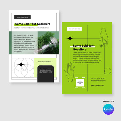 Two vertical flyer templates from More By Us | The Brand Store are shown. Left: a Canva template with white background, black borders, and a lightbulb on grass. Right: the Green Flyer Template for Canva—bold, editable, ideal for eco brands and events.