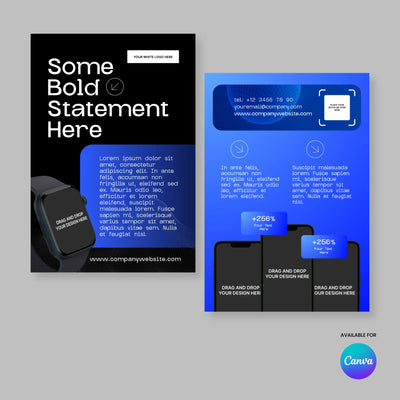 The Flyer Template for Canva - Forma 30 Collection by More By Us is shown: one design has bold text with a smart watch for SaaS promos, the other uses a blue gradient, icons, and smartphone images for drag-and-drop tech product demos.