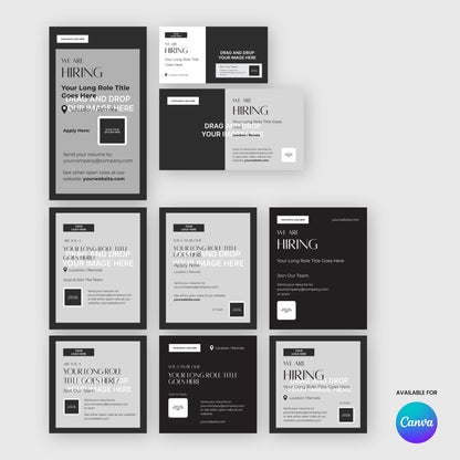 The Social Media Hiring Ad Templates for Canva - Forma 60 Collection includes eight minimalist monochrome templates for job ads, with customizable spaces for job titles, company info, and images. Canva logo appears at the bottom right.
