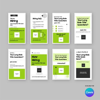 Eight Green Hiring Social Media Story Templates for Canva from the Forma 20 Collection display job headlines and details in green, white, and black. Arranged in two rows on a gray background with the Canva logo in the corner.