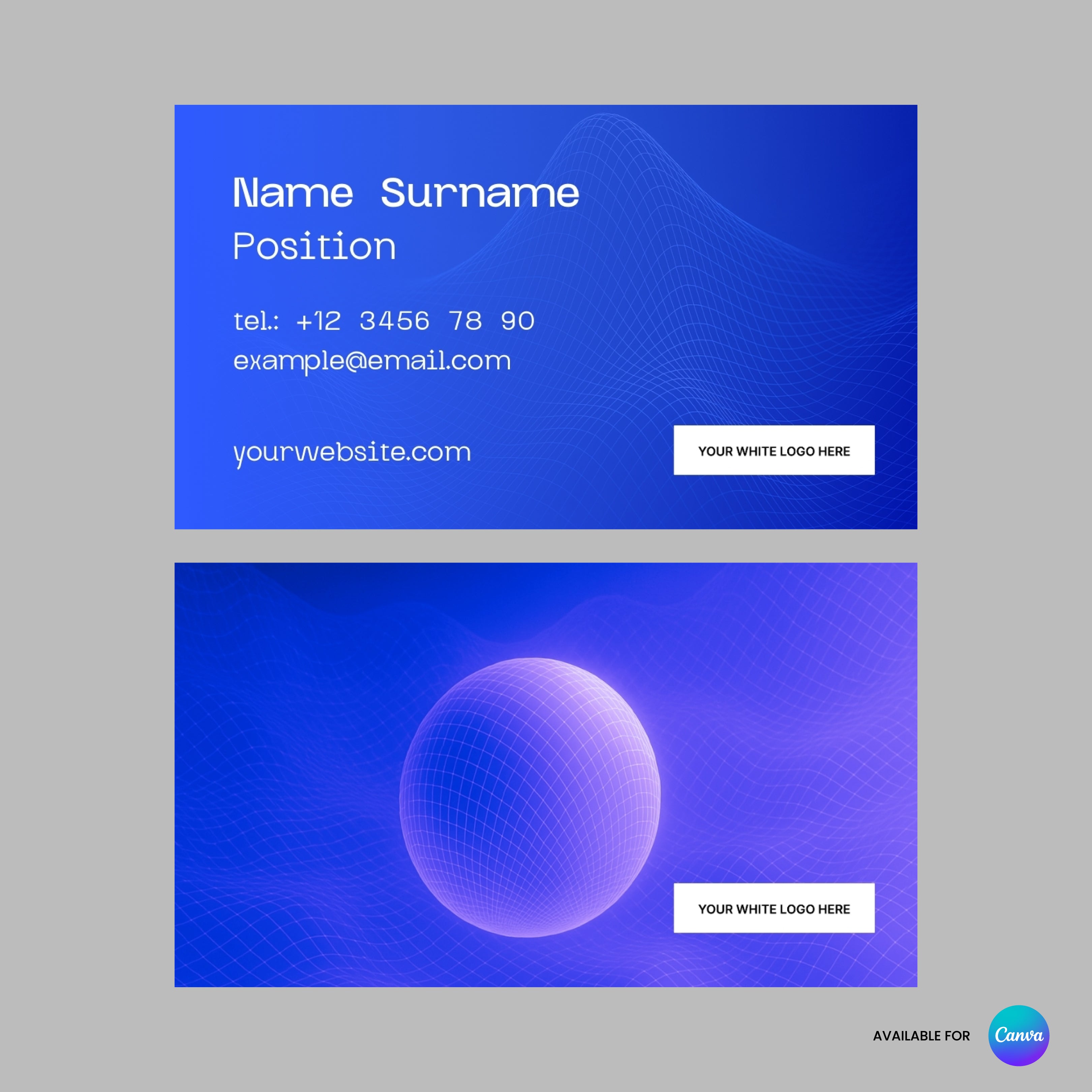Showcasing both sides of the Bold Grid Business Card Template for Canva Forma 30 Collection: a blue abstract design, editable details and logo box on the front, with a 3D sphere and logo box on the back. Print or use digitally.