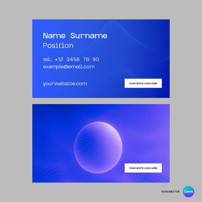 Showcasing both sides of the Bold Grid Business Card Template for Canva Forma 30 Collection: a blue abstract design, editable details and logo box on the front, with a 3D sphere and logo box on the back. Print or use digitally.