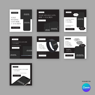 The Forma 60 Collection features eight black and white paid ad templates for social media, complete with device mockups and placeholder text, arranged in a grid on a gray background. A small Canva logo is shown bottom right.