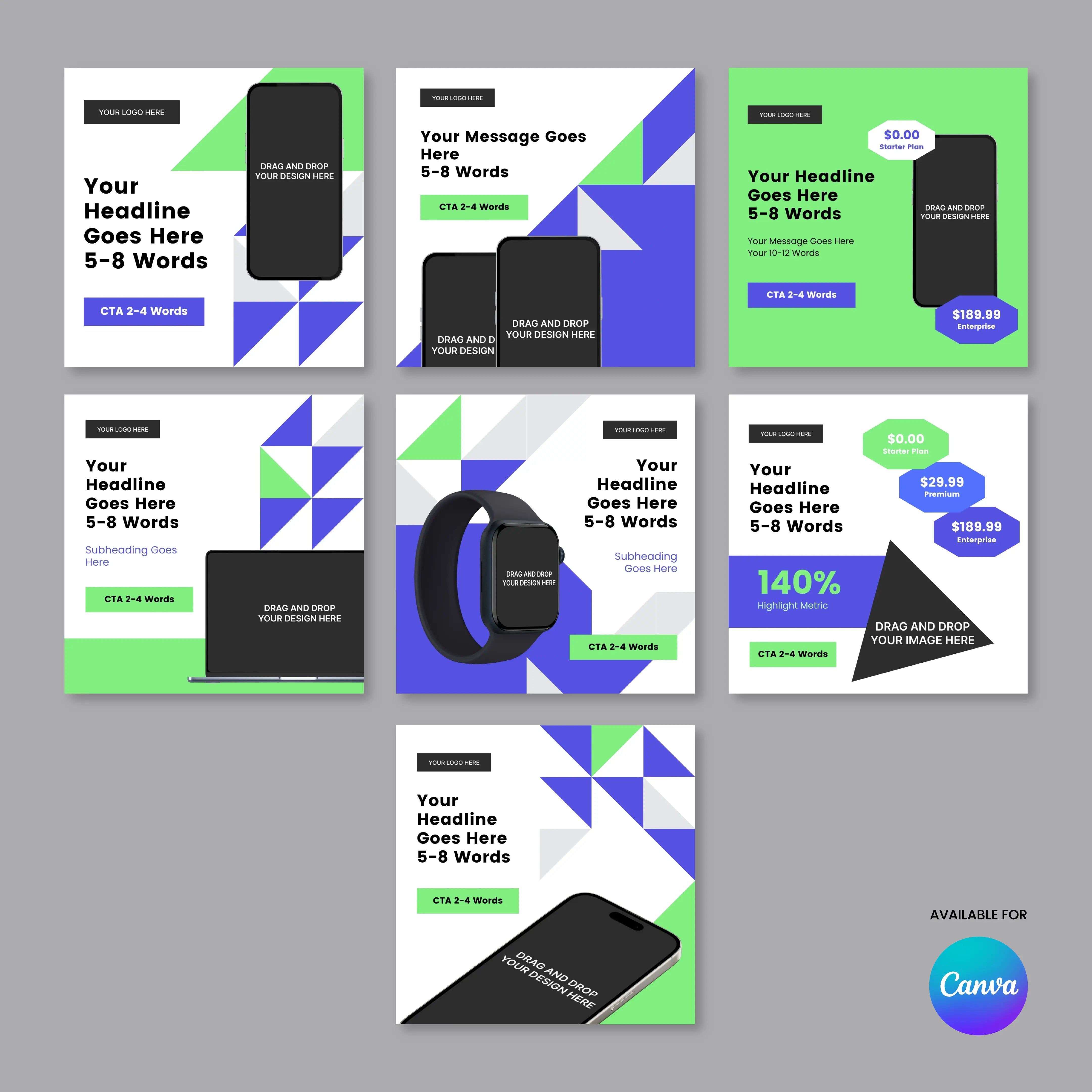 The Forma 40 Collection offers eight bold, geometric Canva templates for SaaS launches, with blue, green, white, and black accents, device images, customizable text/image areas, and subtle Canva branding in the bottom right corner.