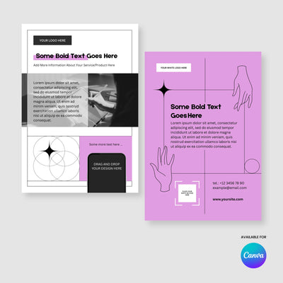 The Forma 20 Collection by More By Us | The Brand Store offers two customizable Canva flyer templates: a grayscale modern design with photo/text boxes and a purple template with abstract hands, geometric shapes, and space for your logo and contact info.