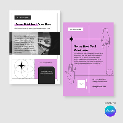 Two flyer templates from the Forma 20 Collection are shown: one minimalist in black and white, the other in purple with abstract hand drawings, starbursts, and sample text. An editable Canva flyer template for services, offers & product features. Canva logo bottom right.