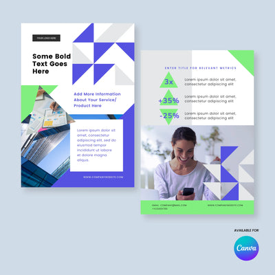 The Flyer Template for Canva - Forma 40 Collection by More By Us | The Brand Store features geometric blue and green layouts, professional images, sample text, and contact info—perfect for business services or marketing case study flyers.
