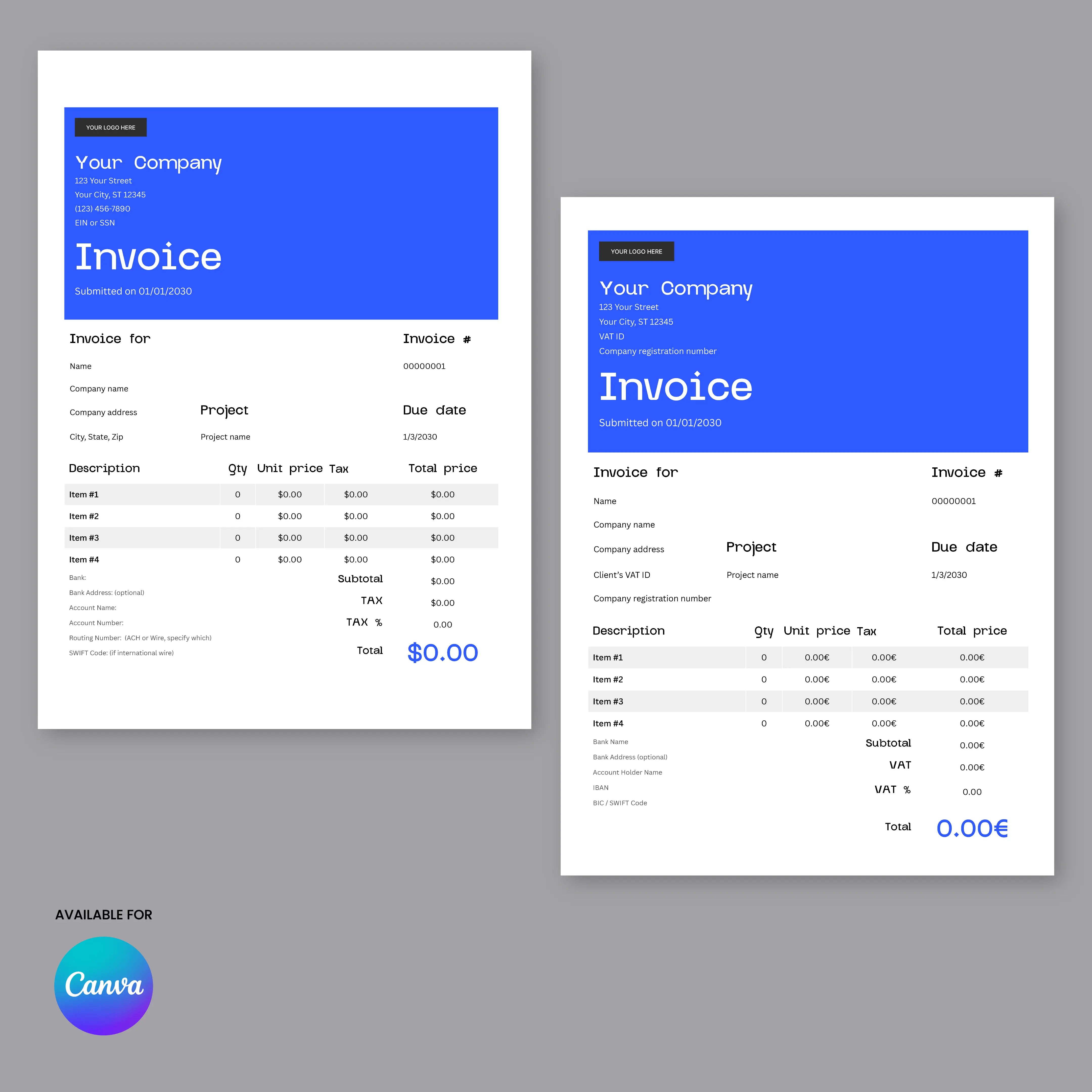 The Invoice Template – Forma 30 Edition | Canva Editable (US & EU Formats) showcases two modern templates with blue headers, company details, itemized tables, and 0.00€ totals, marked with the Canva logo for contemporary business use.
