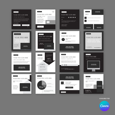 A set of sixteen black, white, and gray minimalist Social Media Post Templates for Canva from the Forma 60 Collection by More By Us | The Brand Store, featuring diverse layouts on a dark gray background with a Canva logo.