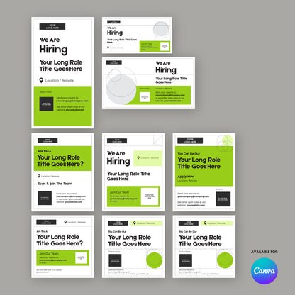 The Forma 20 Collection Green Edition offers nine green, black, and white Social Media Hiring Ad Templates for Canva, with text placeholders for roles, location, and descriptions on a gray background featuring the Canva logo.