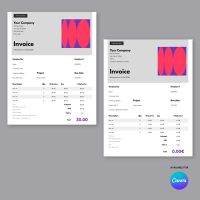 The Bold Invoice Template EU US by More By Us | The Brand Store features abstract pink and purple graphics, itemized pricing, company info, zero total, and a Canva logo with "Available for Canva" on a gray background. Editable in Canva.