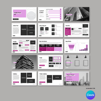 The Media Press Kit Template for Canva – Forma 20 Collection by More By Us | The Brand Store features 16 editable slides in black, white, and purple on a gray background with company info, stats, quotes, images, logos, and Canva branding.