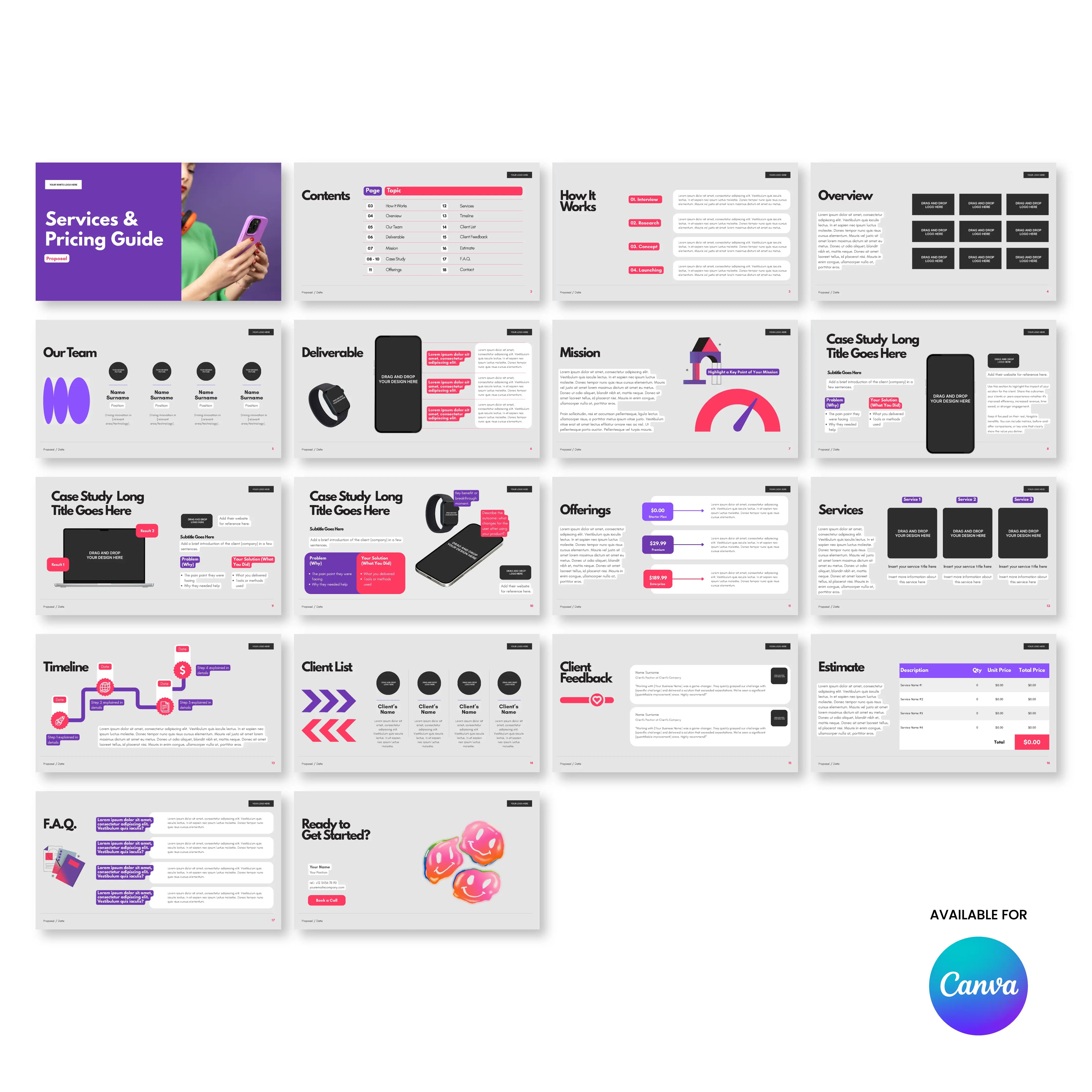 The Service Proposal & Pricing Presentation | Canva Template, Forma 10 Collection is a 20-slide modern pitch deck with sections for contents, team, deliverables, case studies, pricing, FAQs & timeline in a stylish purple, pink, black & gray palette.