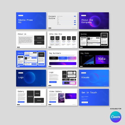 The Media Press Kit Template for Canva - Forma 30 Collection by More By Us | The Brand Store includes 15 editable slides—About Us, Key Numbers, Gallery, and more—with logo display for easy customization and professional press kits.
