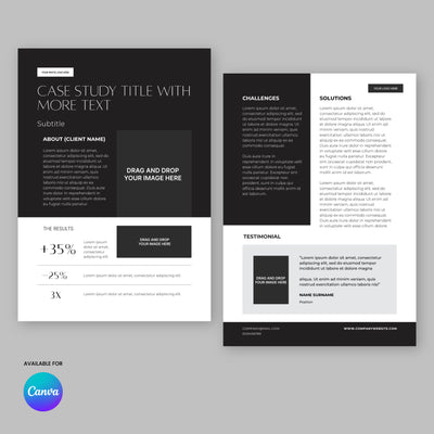 The Case Study Template for Canva – Forma 60 Collection by More By Us | The Brand Store is a two-page black and white layout with sections for client info, results, challenges, solutions, testimonials, image placeholders, plus visible Canva branding.