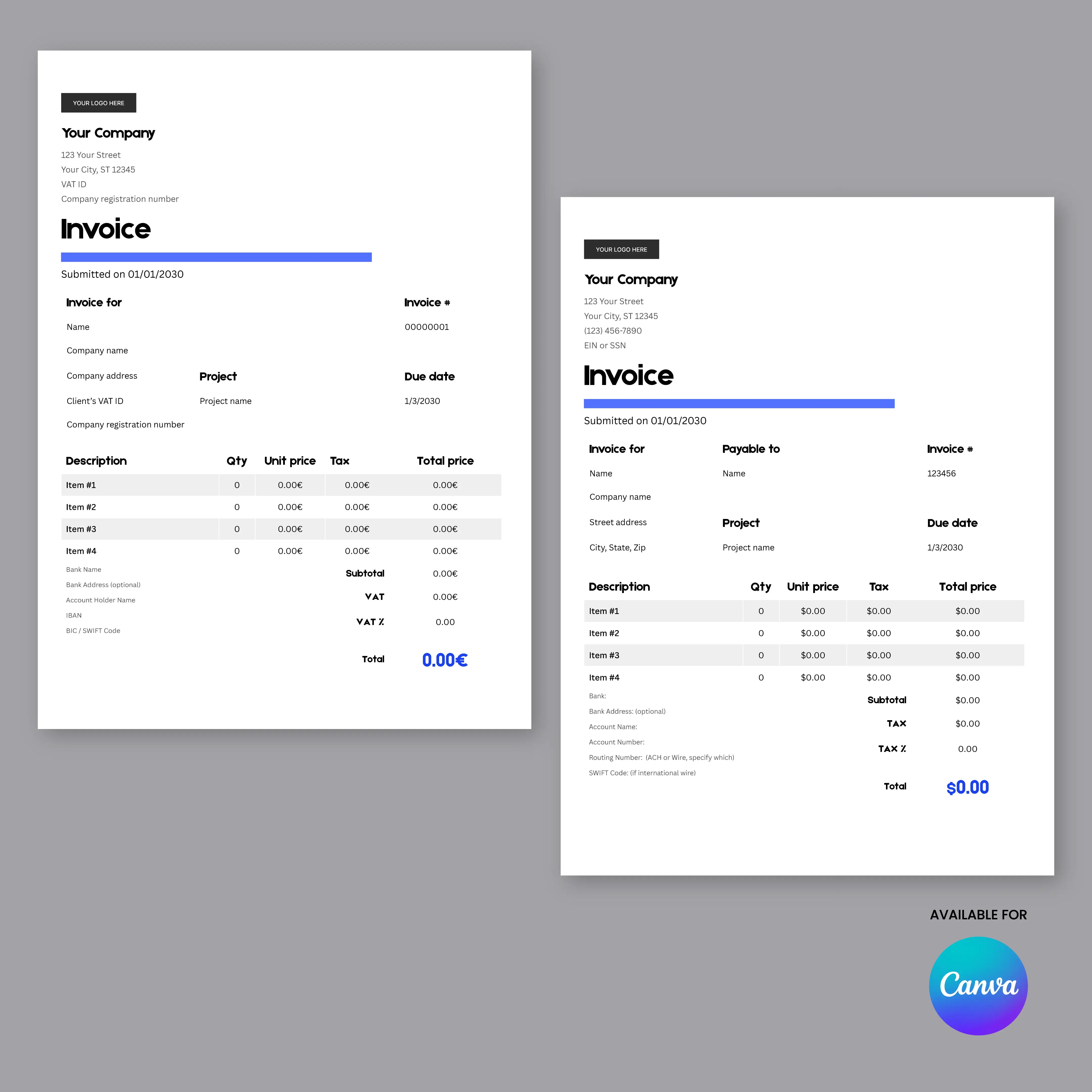 Two minimalist invoices with itemized lists on a gray background showcase the Invoice Template - Forma 20 Collection | Editable Canva Template (US & EU Formats)—ideal for creating your own professional, editable invoices in Canva.