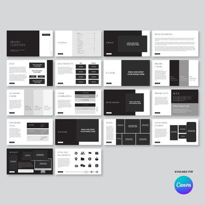The Forma 60 Collection from More By Us | The Brand Store showcases black and white brand guidelines templates for Canva, featuring logo, color, typography, icon, and image style layouts as thumbnail previews.