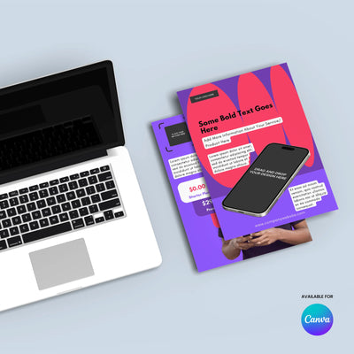 A top-down view shows an open laptop beside two bold Forma 10 flyer templates from More By Us for Canva, featuring a smartphone mockup and text boxes on a light blue surface. The Canva logo appears in the bottom right corner.