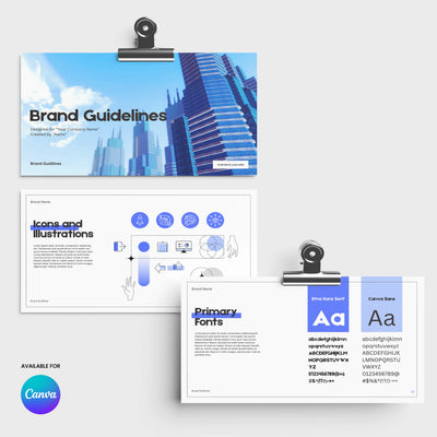 The "Modern Brand Identity Template - Forma 20" by More By Us | The Brand Store features three Canva guideline slides with blue accents, fonts, icons, and illustrations on light gray—perfect for SaaS startup branding handovers. Two slides are clipped above the Canva logo.