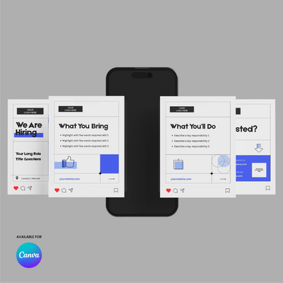 The Forma 20 Collection: Hiring Social Media Carousel Template for Canva is shown on a smartphone mockup. These blue and white Instagram templates include sections for role title, requirements, responsibilities, contact info, and feature the Canva logo bottom left.