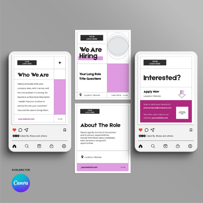 Three phone screens showcase the Social Media Hiring Carousel Templates for Canva - Forma 20 Collection Pink Edition, featuring bold black and pink sections like “Who We Are,” “We Are Hiring,” “About The Role,” and “Interested?” on a clean white background.