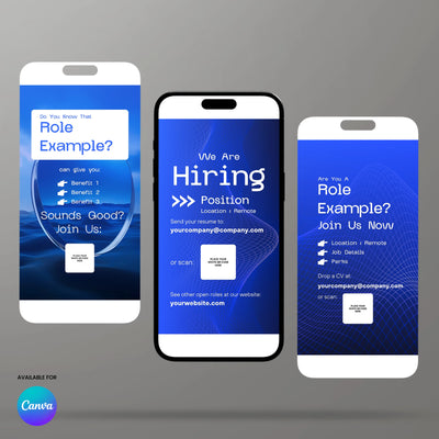 Three smartphone mockups showcase the Social Media Hiring Story Template for Canva - Forma 30 Collection by More By Us | The Brand Store. Blue backgrounds, white text, and QR codes highlight job openings—ideal for recruitment campaigns.