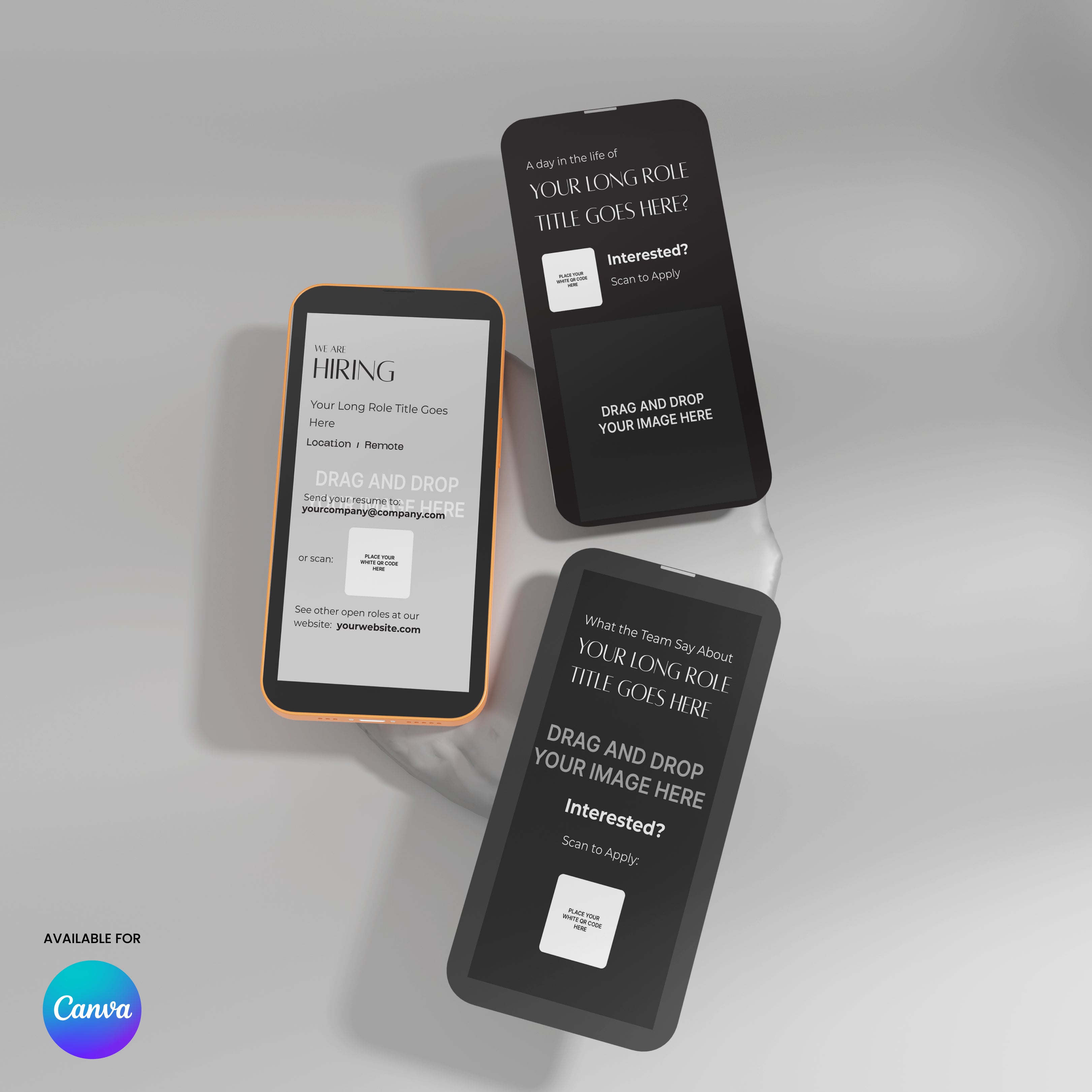 Three smartphones show Social Media Hiring Story Templates from the Forma 60 Collection, each with prompts to add a job title and image. These Canva-ready layouts come in various styles—ideal for eye-catching Recruitment Ads.