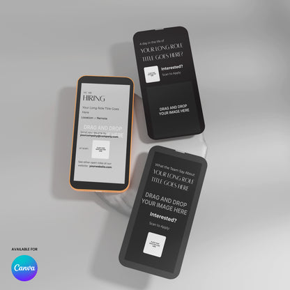 Three smartphones show Social Media Hiring Story Templates from the Forma 60 Collection, each with prompts to add a job title and image. These Canva-ready layouts come in various styles—ideal for eye-catching Recruitment Ads.