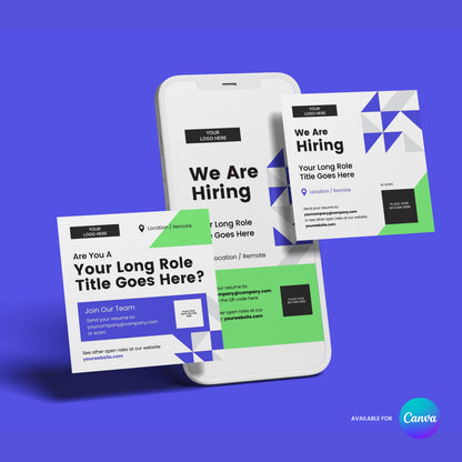 A smartphone and two printed flyers display the same We Are Hiring design. The Social Media Hiring Ad Templates for Canva - Forma 40 Collection features geometric shapes in black, blue, green, and white on a blue background.