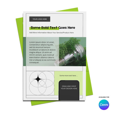 The "Green Flyer Template for Canva – Forma 20 Collection" by More By Us | The Brand Store features a bold, editable green and white layout for eco brands, with logo space, image areas, text placeholders, and an “Available for Canva” badge.