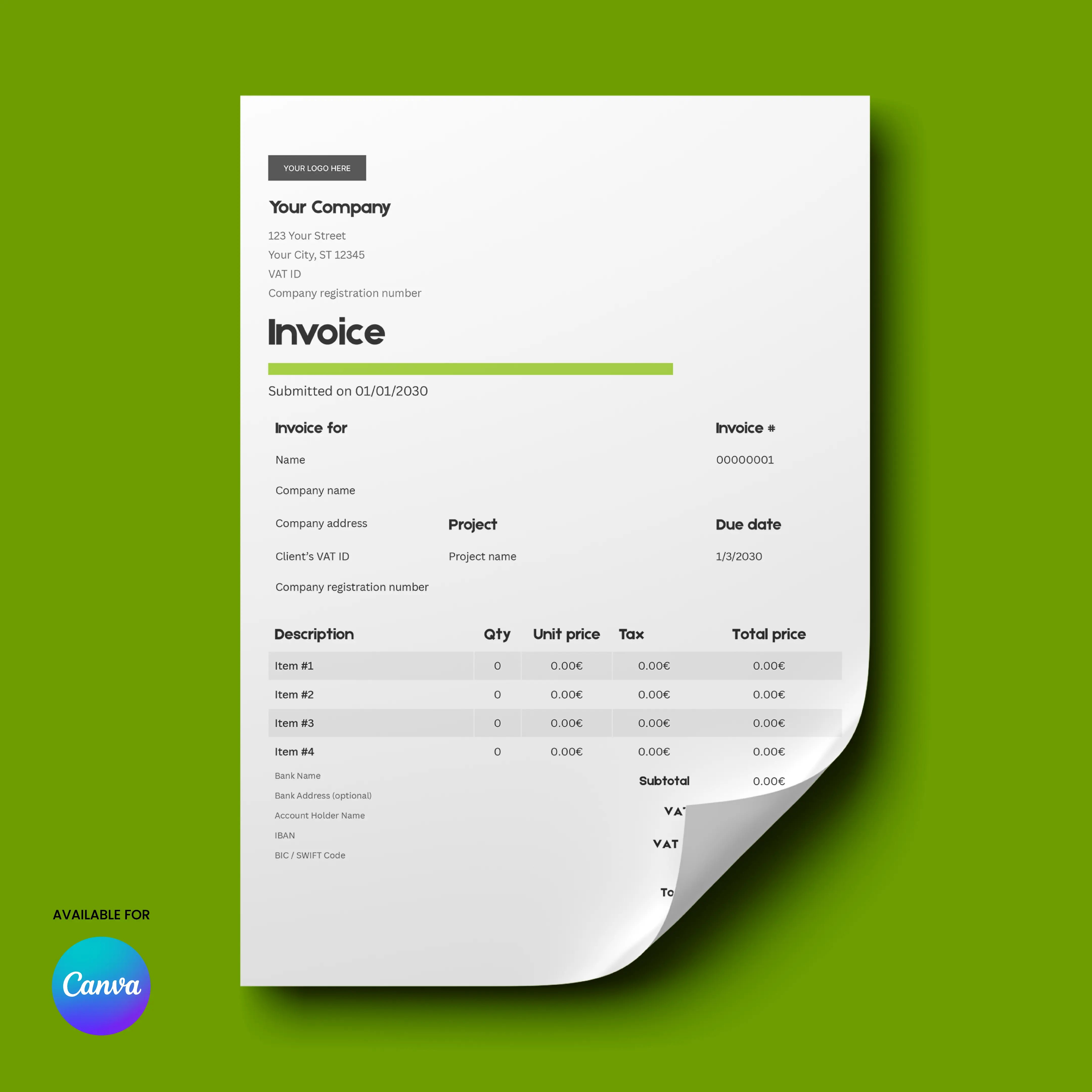 A mockup of the Modern Green Invoice Template (US & EU Format) | Canva Editable, Forma 20, showing company details, itemized charges, and totals on a bright green background with a curled corner and the Canva logo at the bottom left.