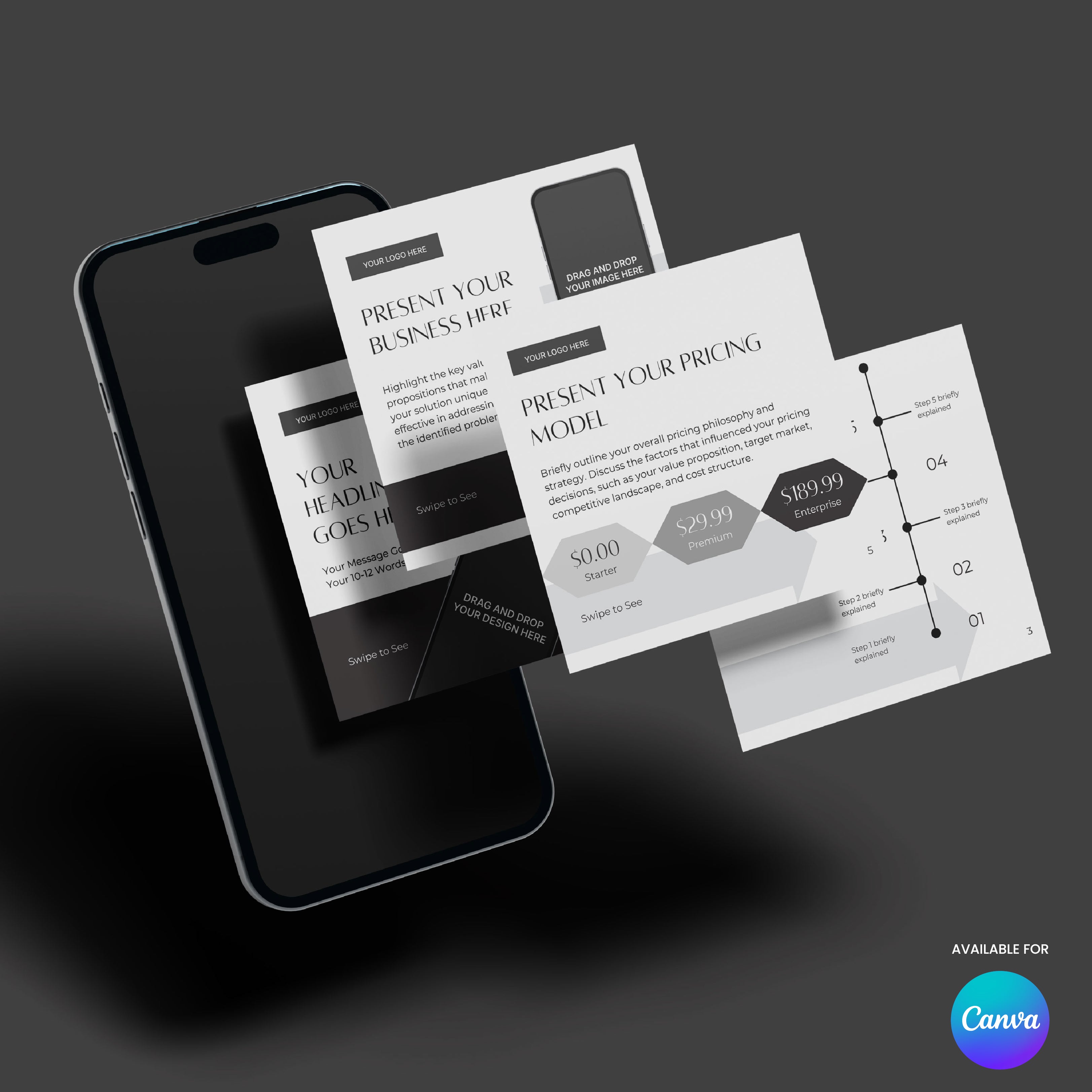 A smartphone shows three grayscale business slides from the Social Media Carousel Template for Canva – Forma 60 Collection, featuring headline, pricing model, and timeline graphics. A Canva logo and "Available for Canva template" appear in the bottom right.