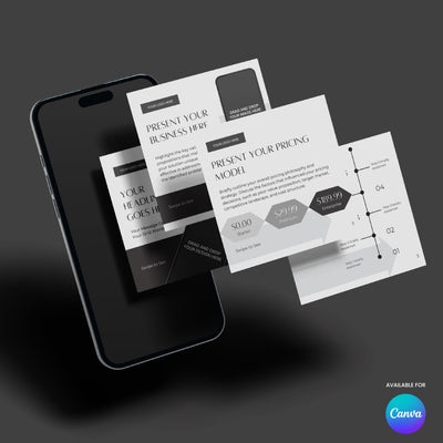A smartphone displays three grayscale business proposal slides and a pricing chart, featuring the Social Media Carousel Template for Canva - Forma 60 Collection by More By Us | The Brand Store, with a Canva logo and "AVAILABLE FOR Canva" text below.
