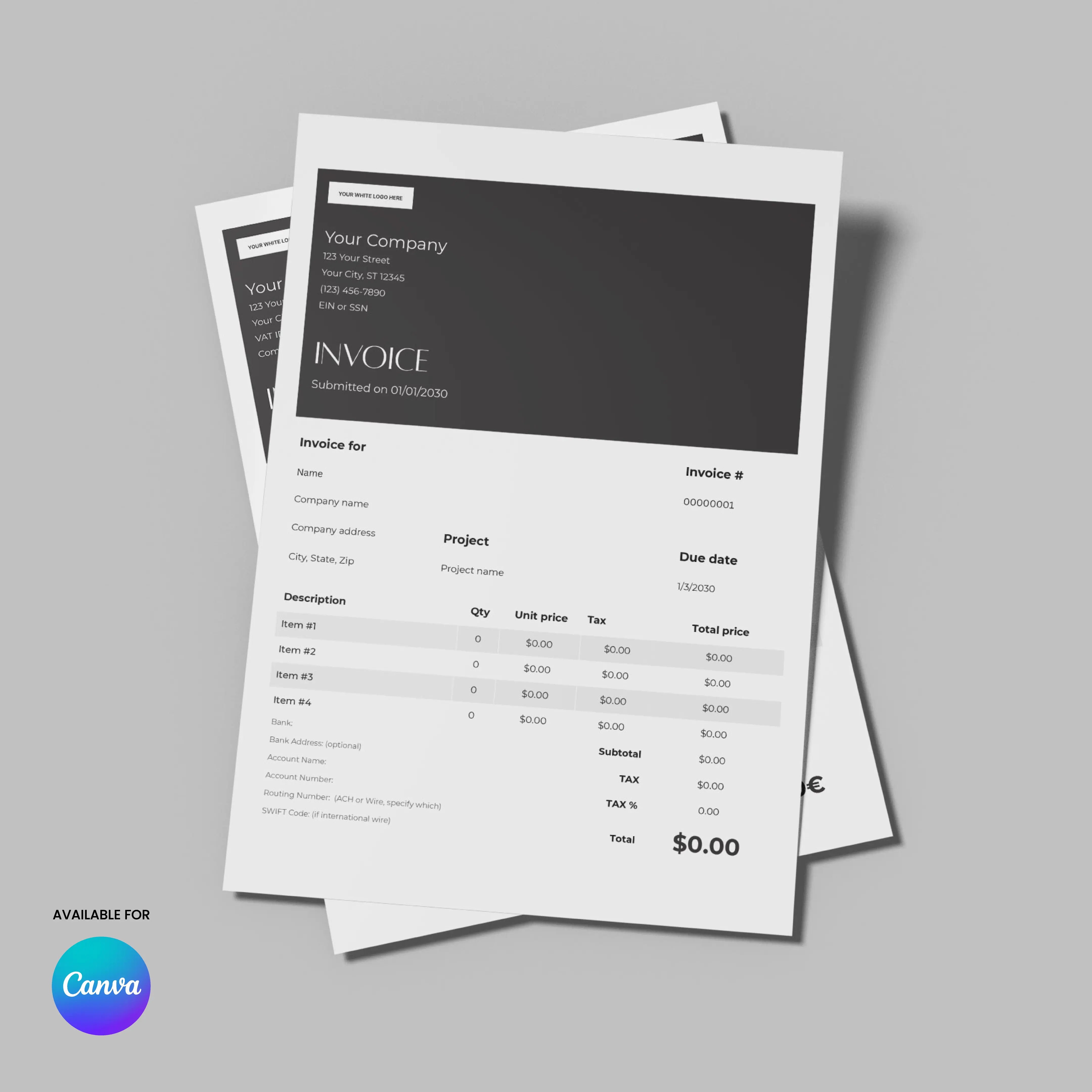 A mockup of the Invoice Canva Template - Forma 60 Collection US EU Formats shows two overlapping invoices with itemized lists, company info, a 0.00 total, Canva logo, and "Available for Canva" text on a gray background.