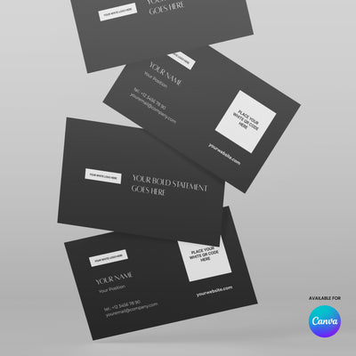 Four Business Card Template designs from the Forma 60 Collection for Canva feature white text on a light gray background, with placeholders for names, positions, contacts, a QR code area, and the Canva logo in the bottom right.