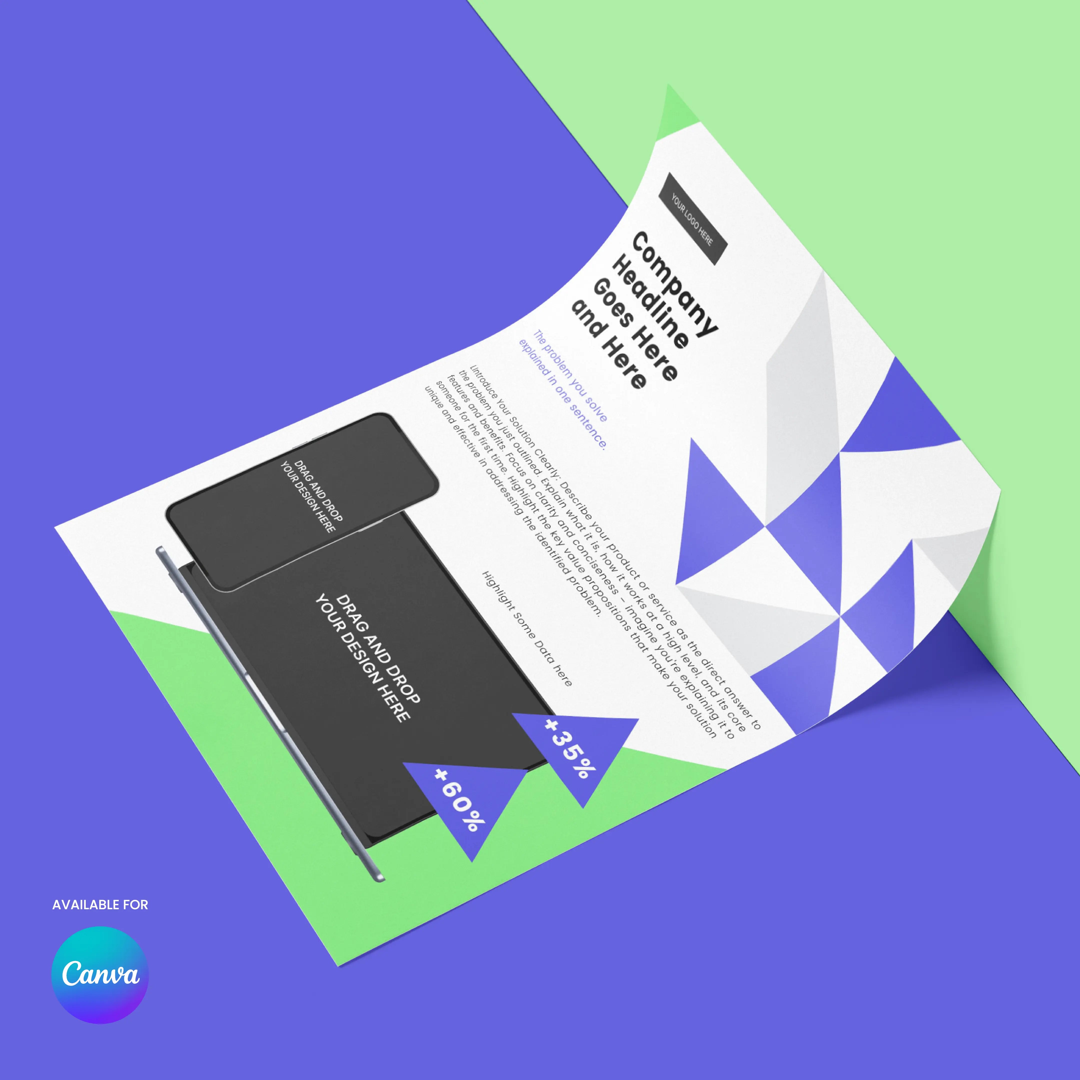 The One-Pager Template for Canva | Forma 40 Collection is an editable company overview for startups, SaaS, and business profiles. It features geometric shapes, headline text boxes, logo space, and a Canva logo with “Available for Canva” at the bottom left.