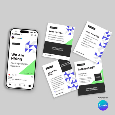 Showcase your openings with the Forma 40 Collection: a Hiring Social Media Carousel Template for Canva by More By Us | The Brand Store. Features cards for job details in geometric blue and green, plus Canva logo bottom right.