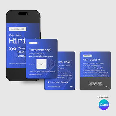 The Social Media Hiring Carousel Templates for Canva – Forma 30 Collection by More By Us | The Brand Store features blue designs with job role and company culture text, including a phone screen preview. Share easily on social media with these Canva templates.