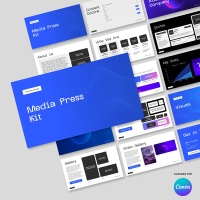 The Media Press Kit Template for Canva from More By Us | The Brand Store’s Forma 30 Collection features blue and white editable slides for content outline, about us, stats, quotes, visuals, gallery, videos, and contact info. Canva logo at bottom right.